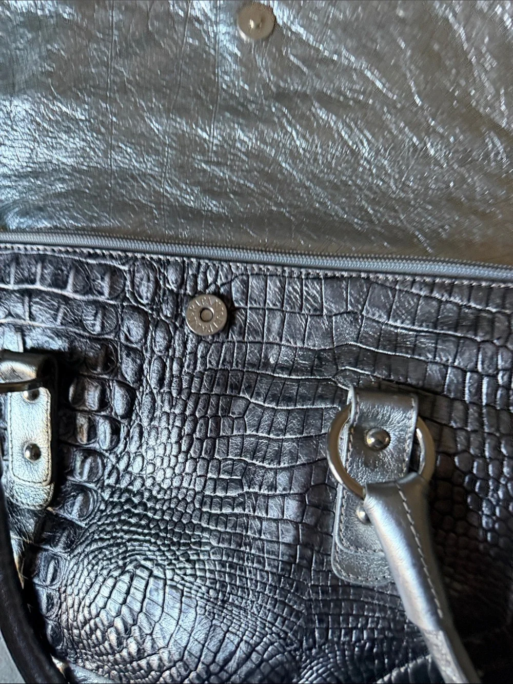 RIPANI Silver Pewter Croc-Embossed Satchel with Medallion Detail